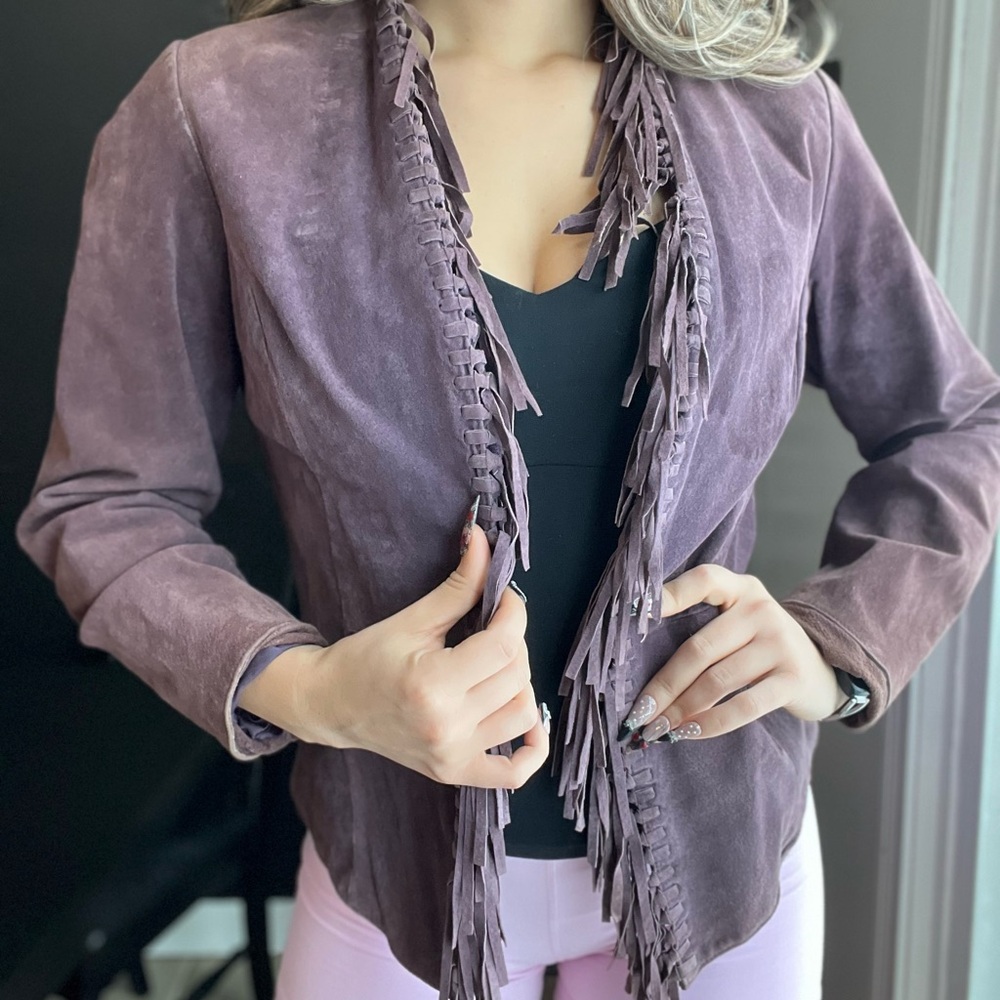 ❌ SOLD Dialogue Real Suede Leather Purple Muave Fringe Tassle Jacket Xs Fits M